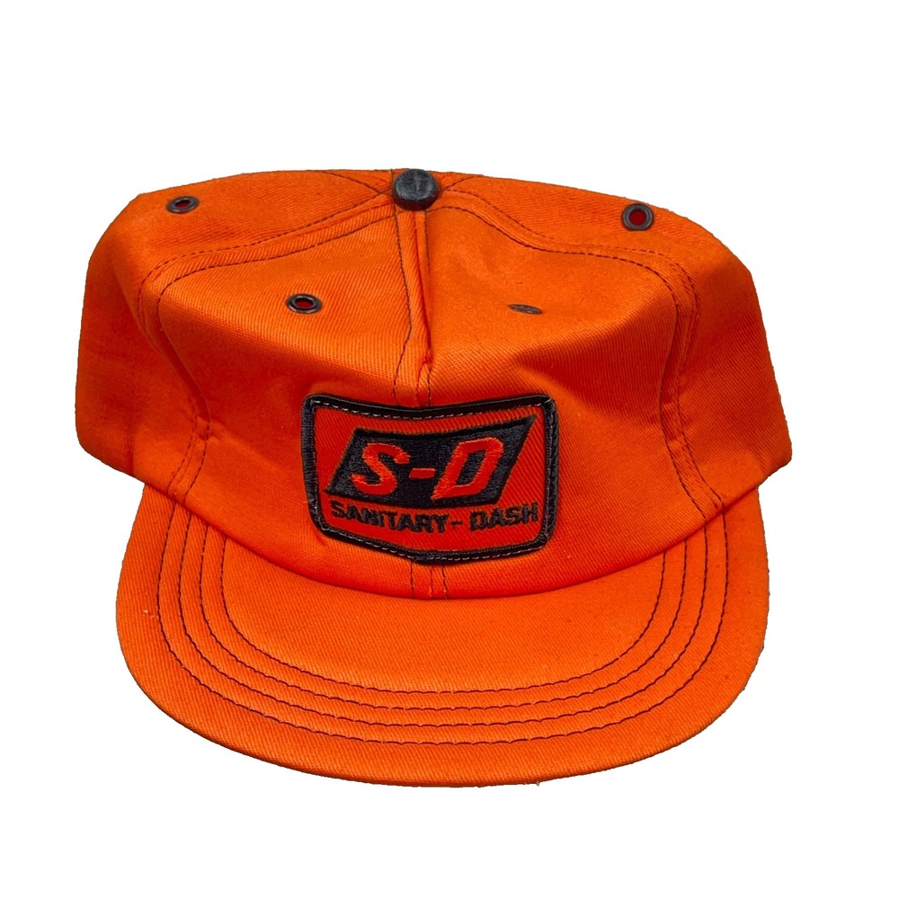 VintageSanitary Dash Trucker Hat Cap Made In USA 80s 90s Patch Farm Blaze Orange